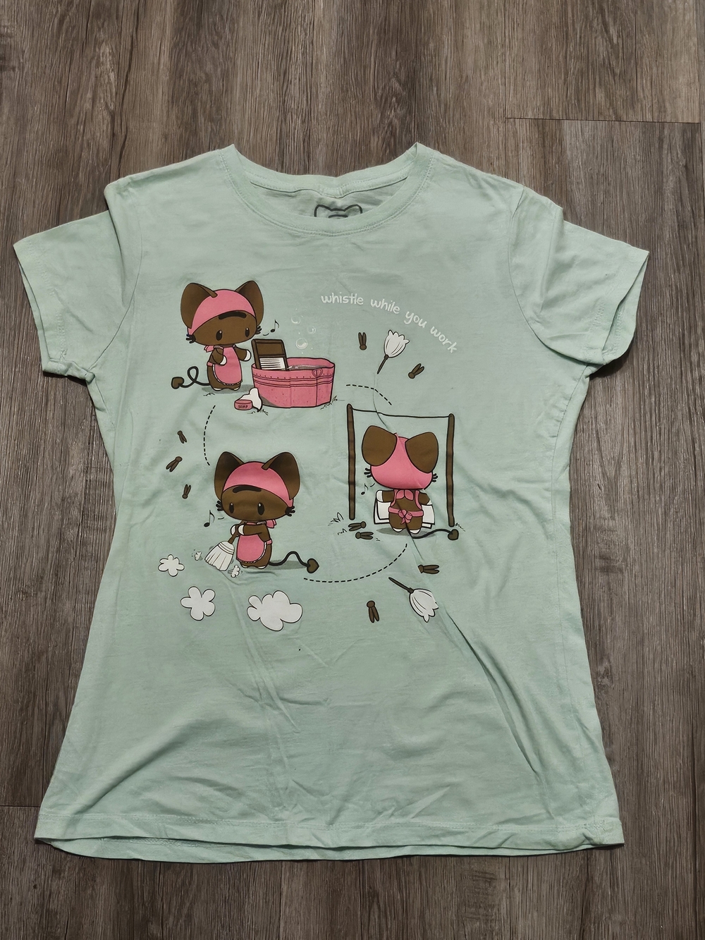 Mint Green Cat Print Tee with Pink Accents